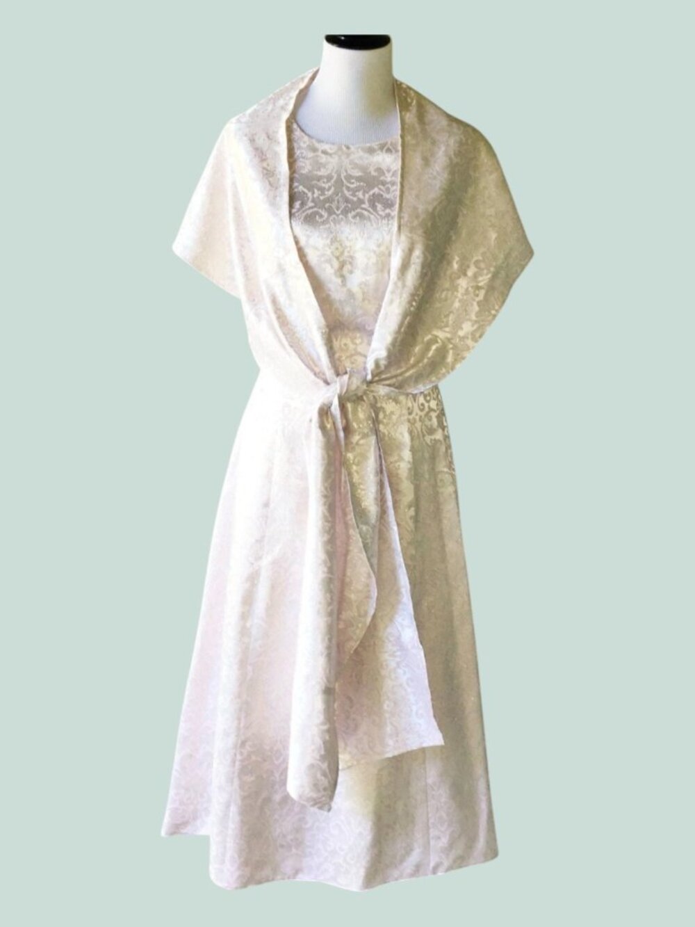 Vintage 1990s Pink Silver Lurex Damask Midi Dress Shawl Open Back S